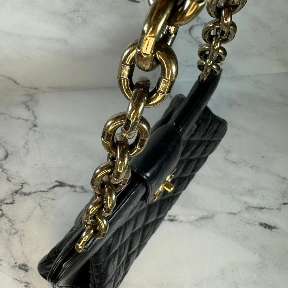 Chanel Frame Shoulder Bag CC Distressed Quilted Leather Black/Gold Thick Chain